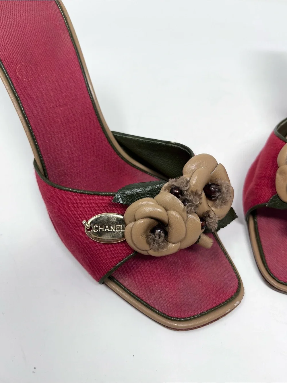 Vintage Chanel Camellia Mule Heel Sandal Red Canvas Chanel Logo Y2K size 36.5